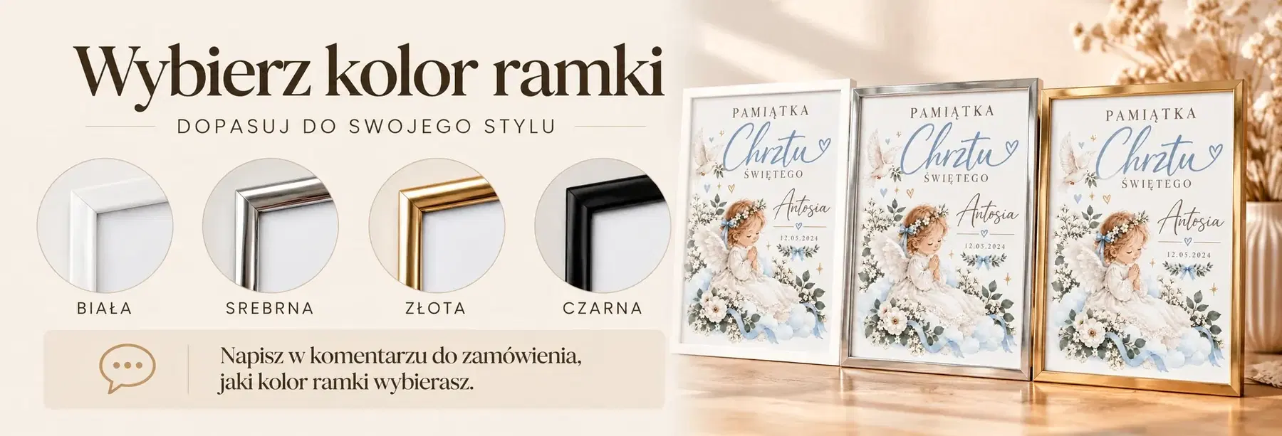 Wybierz kolor ramki - biała, srebrna, złota lub czarna