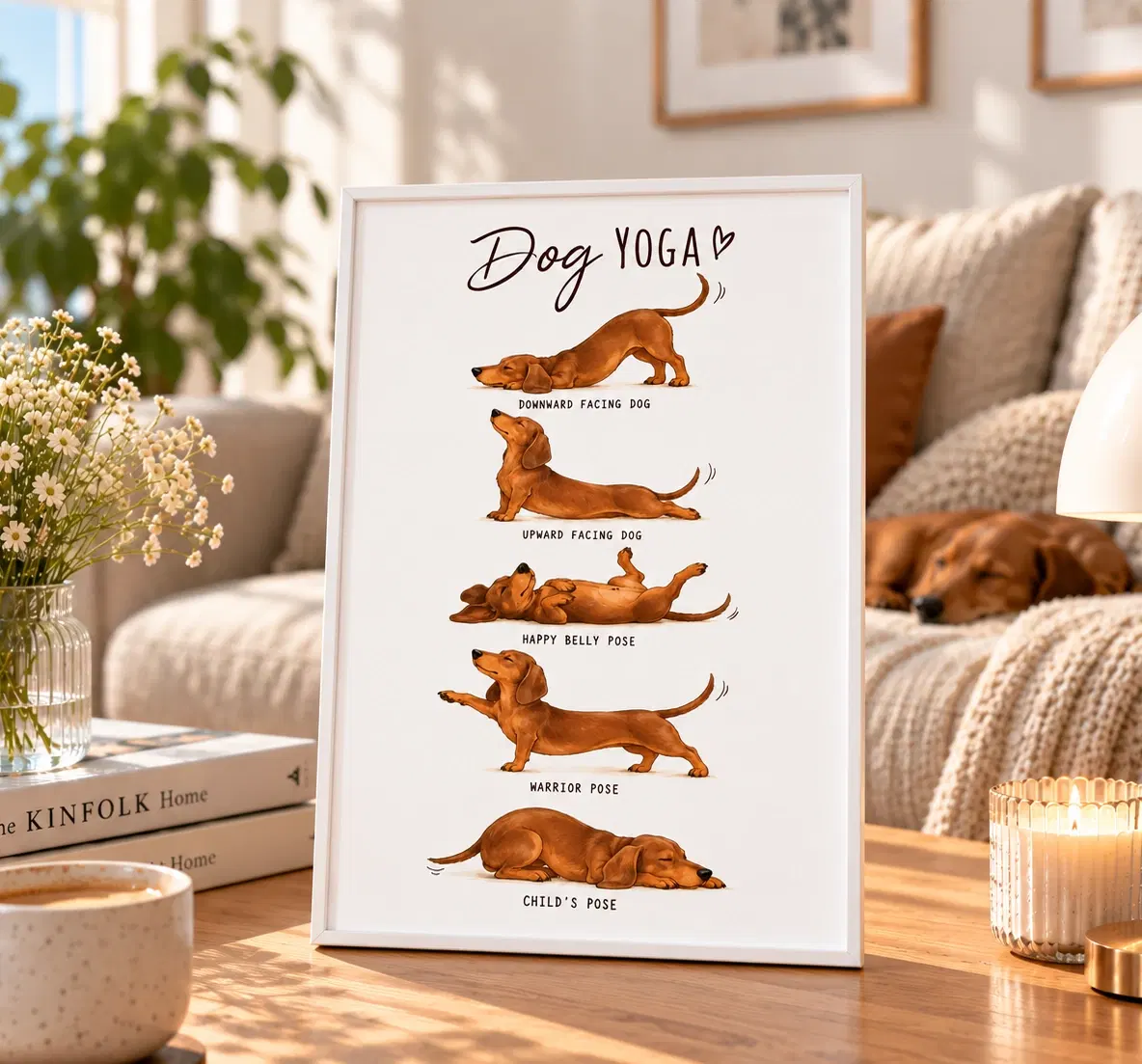 Dog Yoga - jamnik ćwiczy jogę - plakat z ramką
