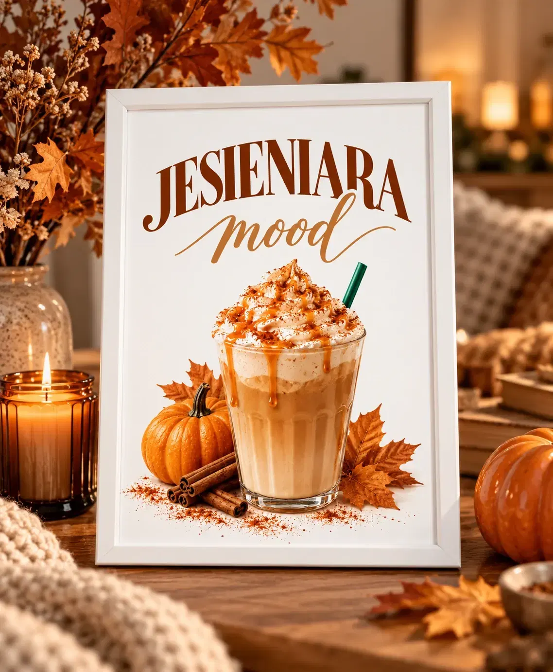 Jesieniara Mood - jesienny plakat z Pumpkin Spice Latte z ramką