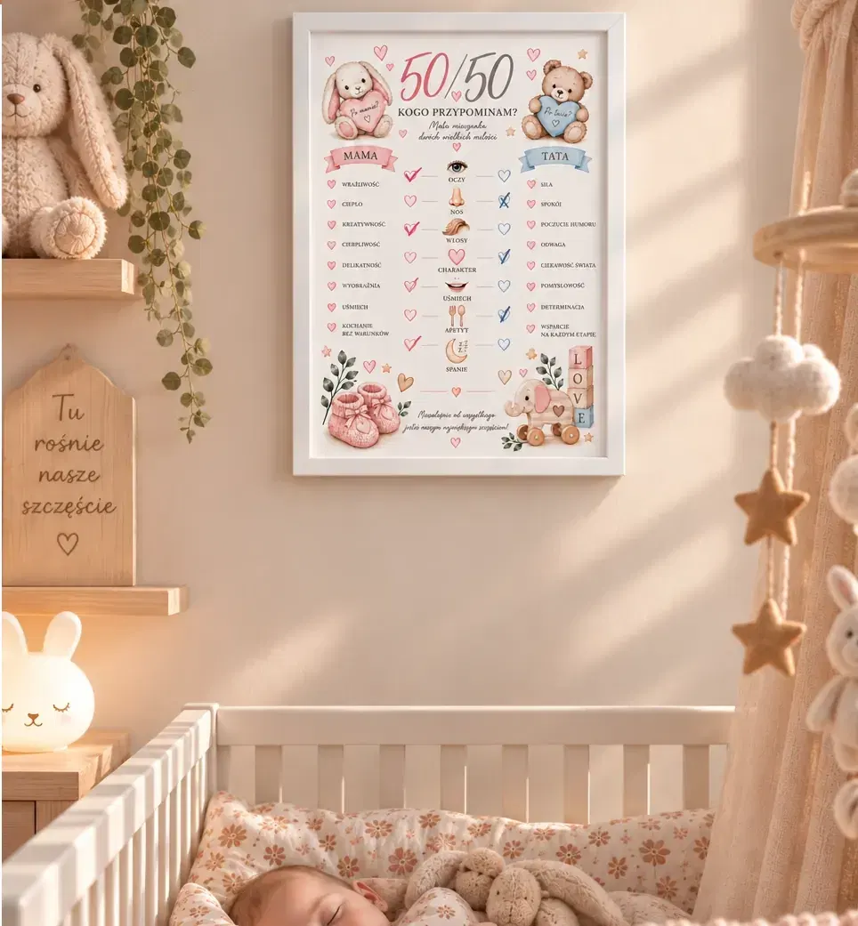 Plakat w ramce na tle kremowej ściany, ze świecą i stołem