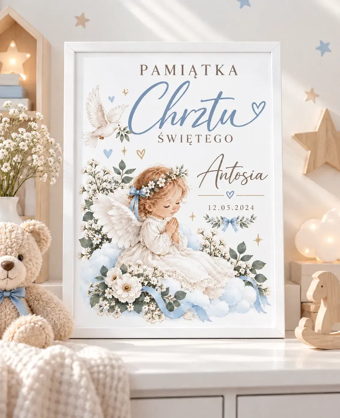 Pamiątka Chrztu dla dziewczynki - plakat personalizowany z ramką