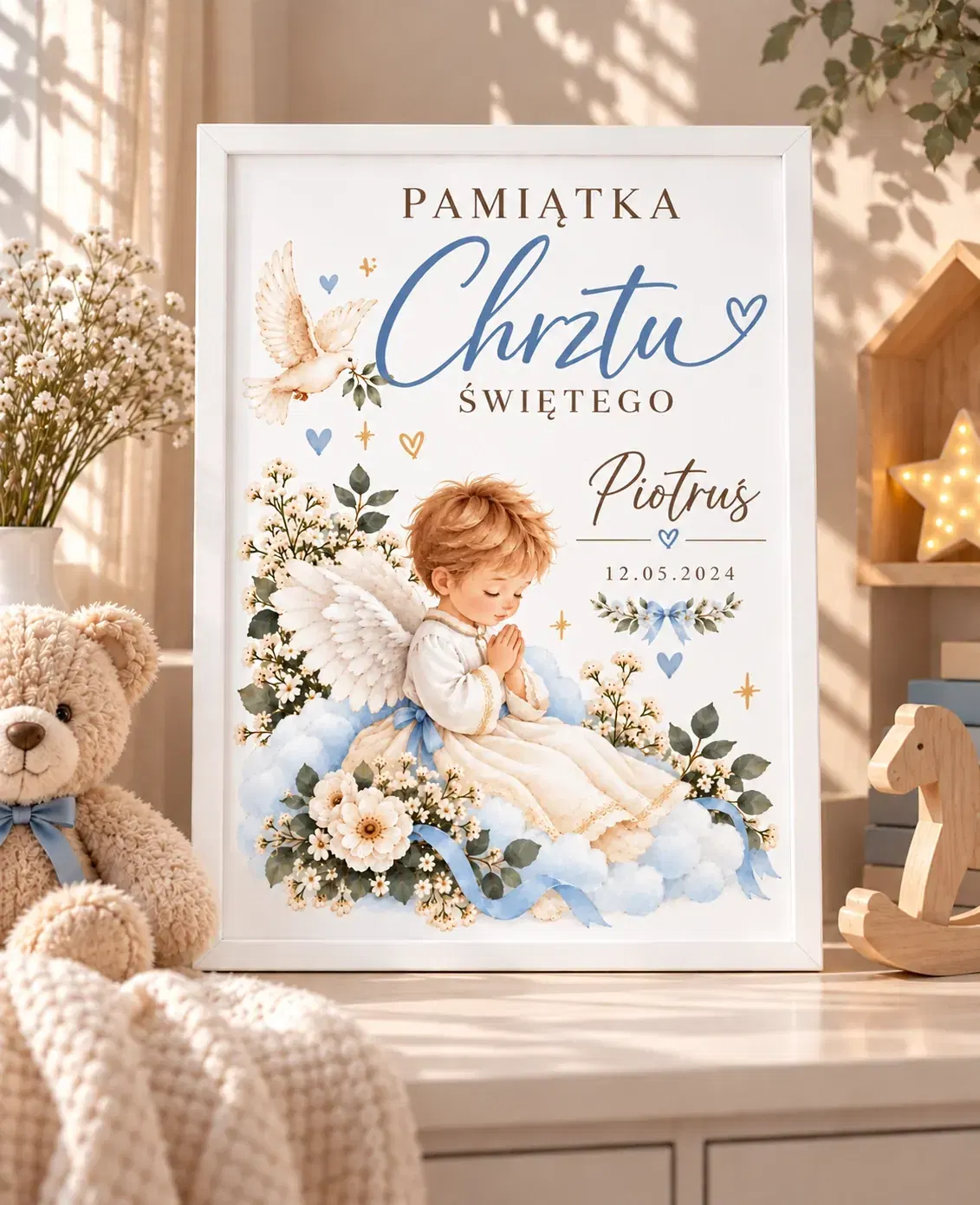 Pamiątka Chrztu dla chłopca - plakat personalizowany z ramką