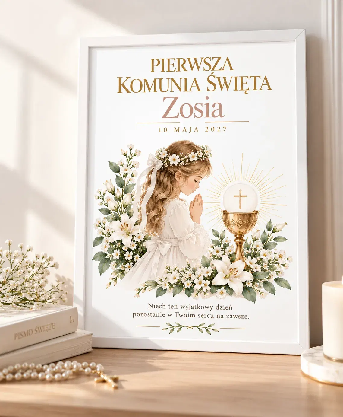 Pamiątka Pierwszej Komunii Świętej dla dziewczynki - personalizowany plakat z ramką