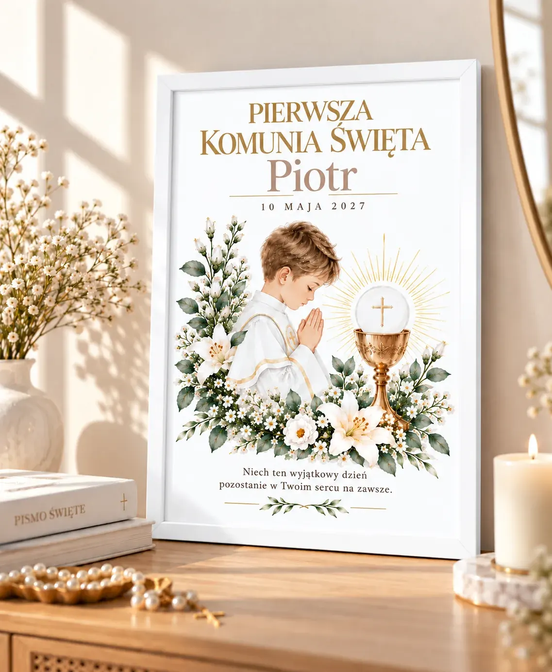 Pamiątka Pierwszej Komunii Świętej dla chłopca - personalizowany plakat z ramką