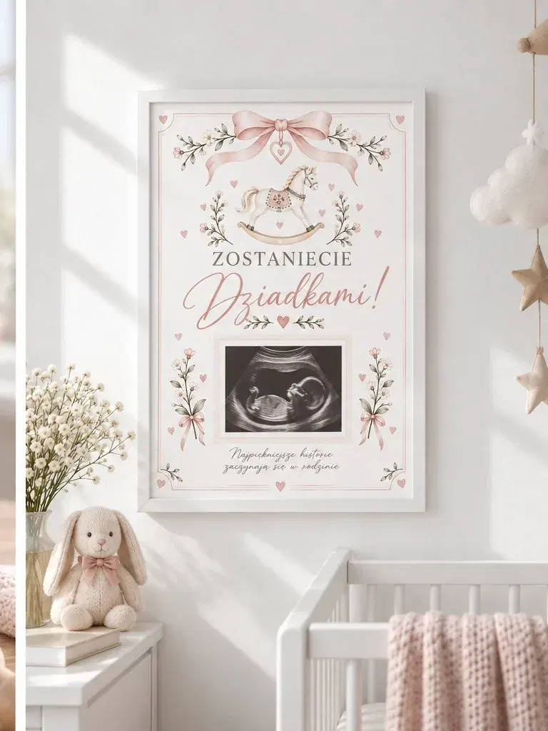 Plakat Zostaniecie Dziadkami - baby pink na ścianie z USG